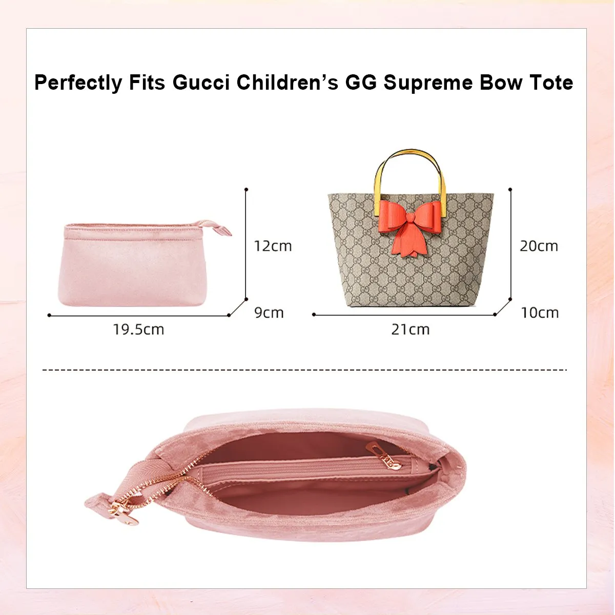 Gucci Children's GG Supreme Bow Tote Bag Organizer Insert in Pink